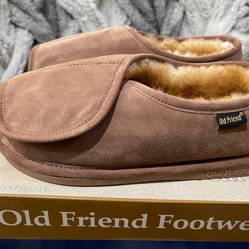 OLD FRIEND Step-In Open Toe Suede & Fleece Slipper Men 9-10 Chestnut 421182